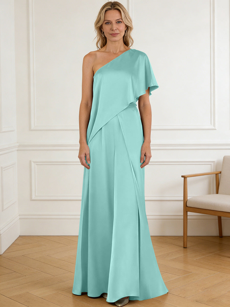 Pantsuit Asymmetrical One Shoulder Satin Floor-Length Mother of the Bride Dresses with Ruffle