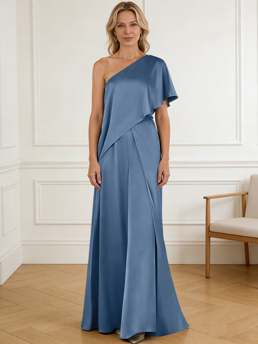 Pantsuit Asymmetrical One Shoulder Satin Floor-Length Mother of the Bride Dresses with Ruffle