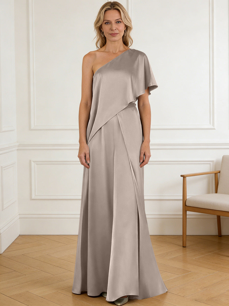 Pantsuit Asymmetrical One Shoulder Satin Floor-Length Mother of the Bride Dresses with Ruffle