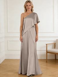 Pantsuit Asymmetrical One Shoulder Satin Floor-Length Mother of the Bride Dresses with Ruffle