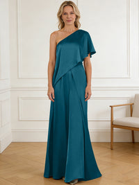 Pantsuit Asymmetrical One Shoulder Satin Floor-Length Mother of the Bride Dresses with Ruffle