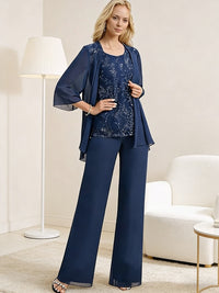 Scoop Neck Sequins Floor-Length Mother of the Bride Pant Suits with Jacket