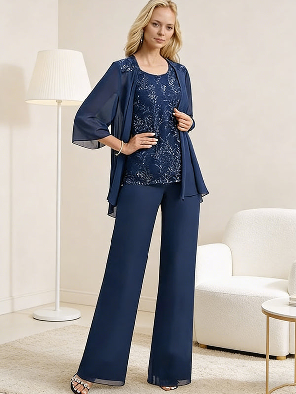 Scoop Neck Sequins Floor-Length Mother of the Bride Pant Suits with Jacket