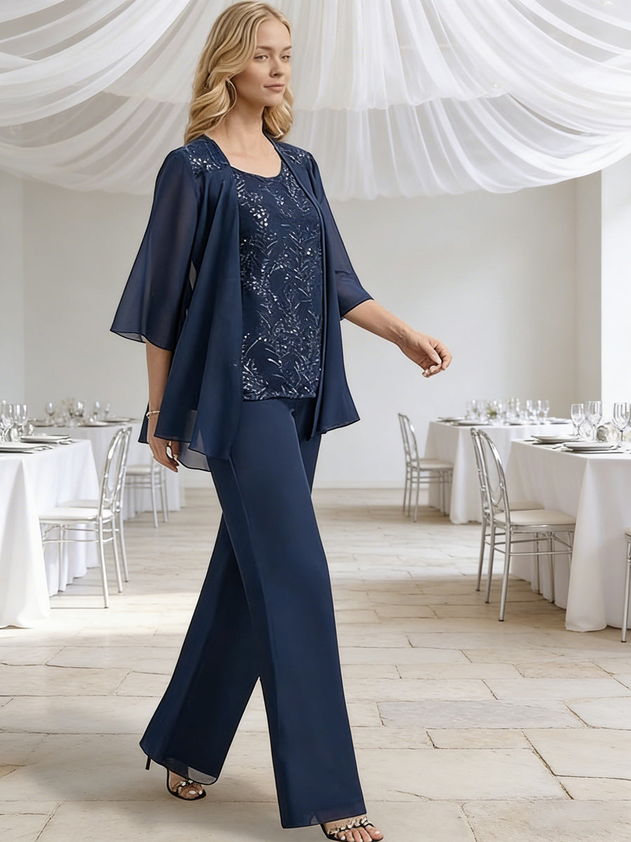 Scoop Neck Sequins Floor-Length Mother of the Bride Pant Suits with Jacket