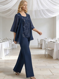 Scoop Neck Sequins Floor-Length Mother of the Bride Pant Suits with Jacket