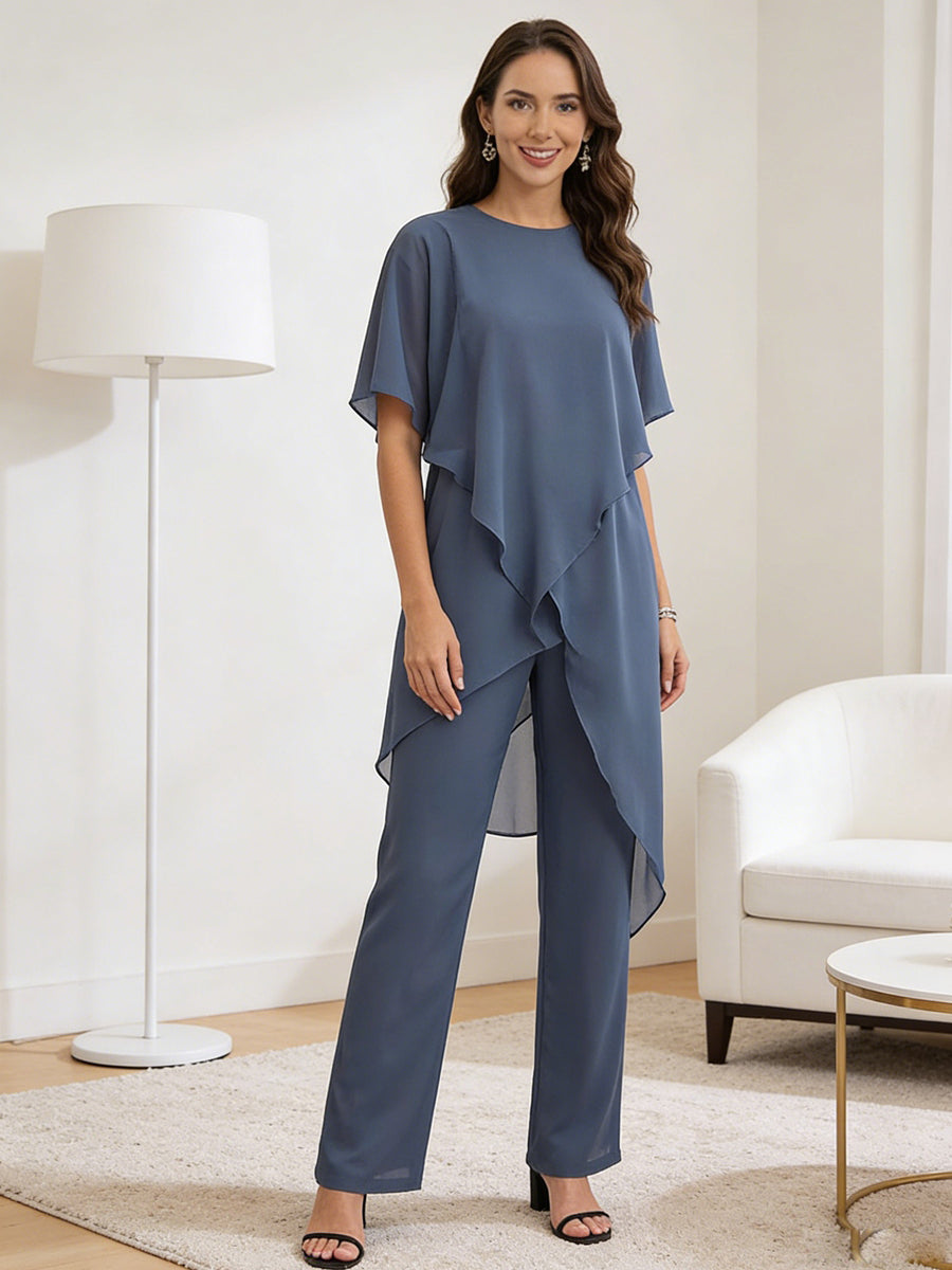 Separates Scoop Neck Ankle-Length Mother of the Bride Pant Suits with Ruffle