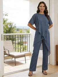 Separates Scoop Neck Ankle-Length Mother of the Bride Pant Suits with Ruffle