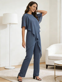 Separates Scoop Neck Ankle-Length Mother of the Bride Pant Suits with Ruffle