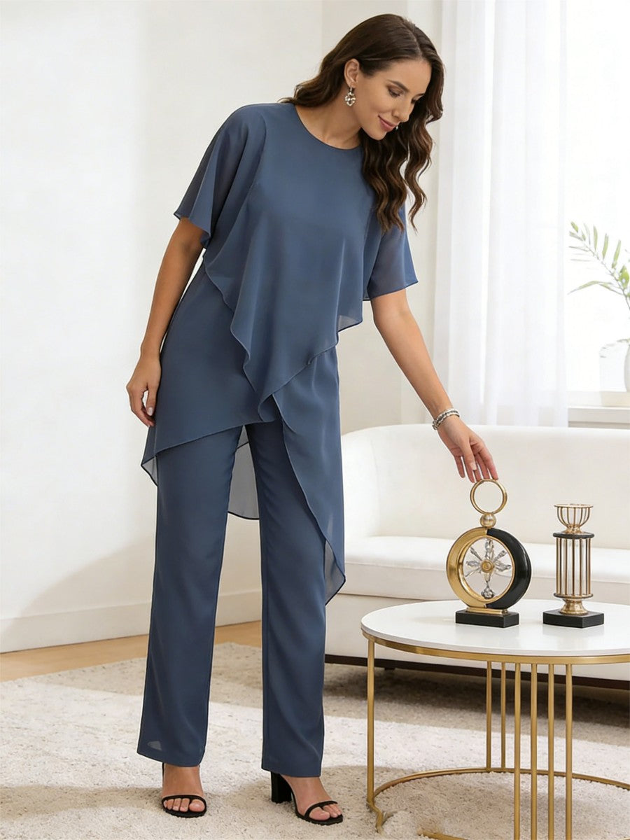 Separates Scoop Neck Ankle-Length Mother of the Bride Pant Suits with Ruffle