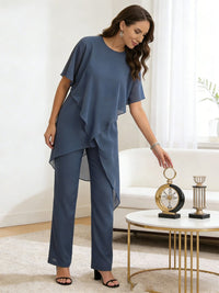 Separates Scoop Neck Ankle-Length Mother of the Bride Pant Suits with Ruffle