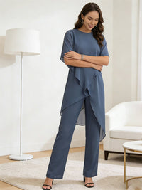 Separates Scoop Neck Ankle-Length Mother of the Bride Pant Suits with Ruffle