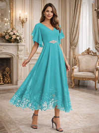 A-Line/Princess V-Neck Flying Sleeves Tea-Length Mother of the Bride Dresses with Lace Appliques