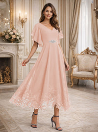 A-Line/Princess V-Neck Flying Sleeves Tea-Length Mother of the Bride Dresses with Lace Appliques
