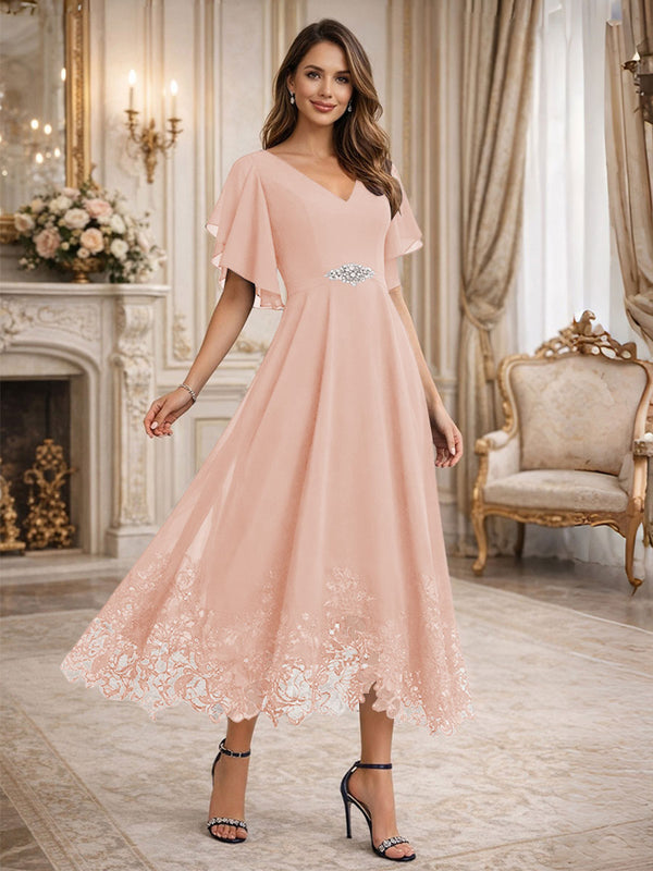 A-Line/Princess V-Neck Flying Sleeves Tea-Length Mother of the Bride Dresses with Lace Appliques