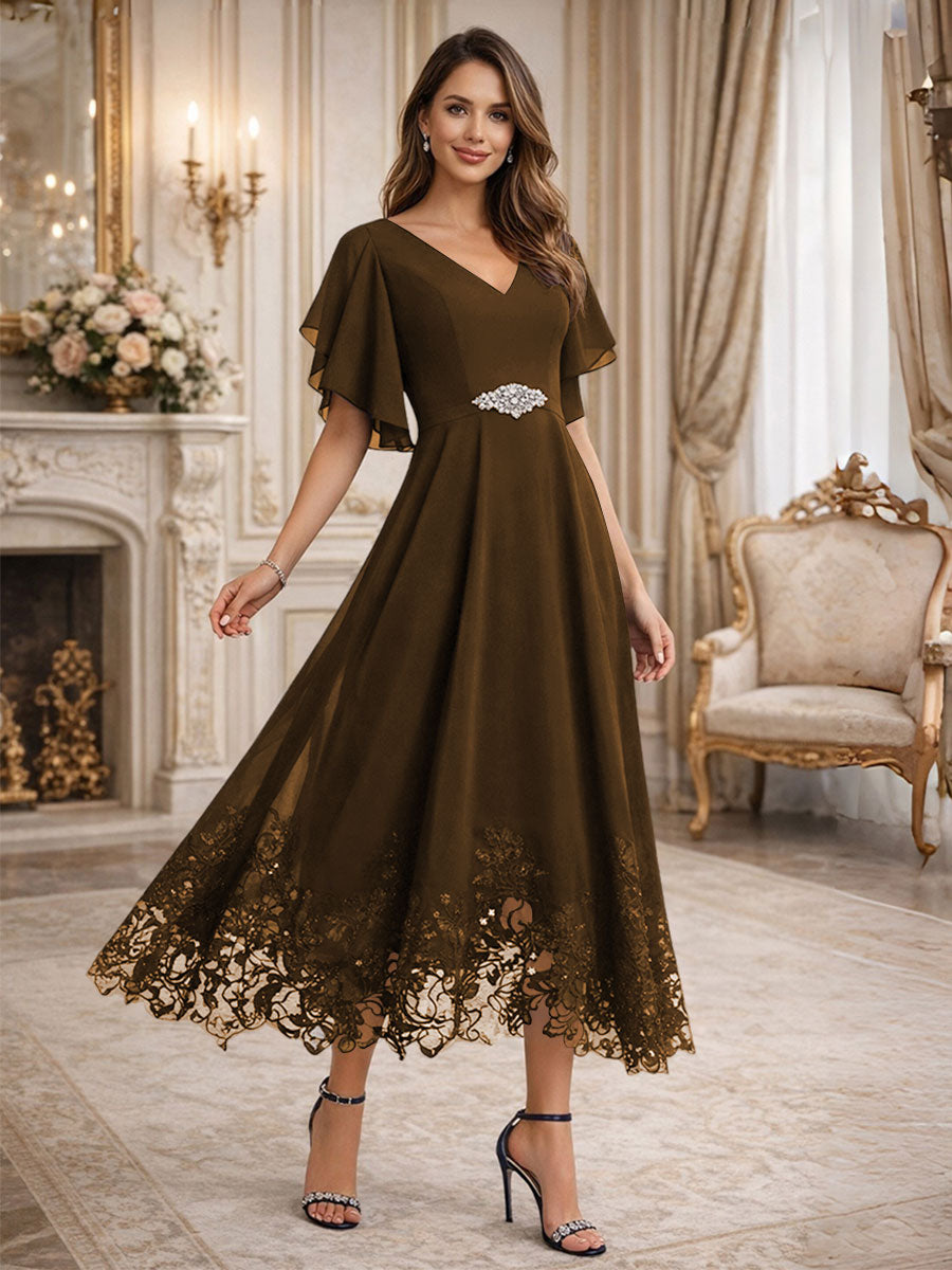 A-Line/Princess V-Neck Flying Sleeves Tea-Length Mother of the Bride Dresses with Lace Appliques