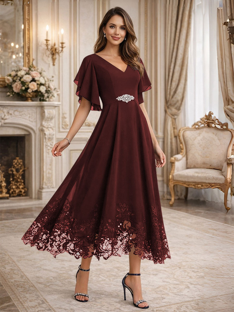 A-Line/Princess V-Neck Flying Sleeves Tea-Length Mother of the Bride Dresses with Lace Appliques