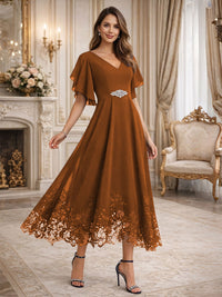 A-Line/Princess V-Neck Flying Sleeves Tea-Length Mother of the Bride Dresses with Lace Appliques