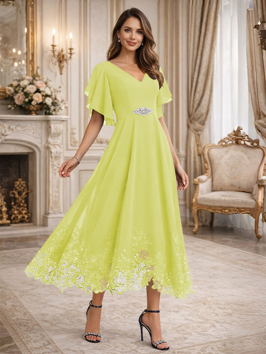 A-Line/Princess V-Neck Flying Sleeves Tea-Length Mother of the Bride Dresses with Lace Appliques