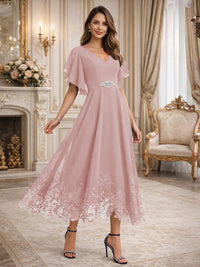 A-Line/Princess V-Neck Flying Sleeves Tea-Length Mother of the Bride Dresses with Lace Appliques