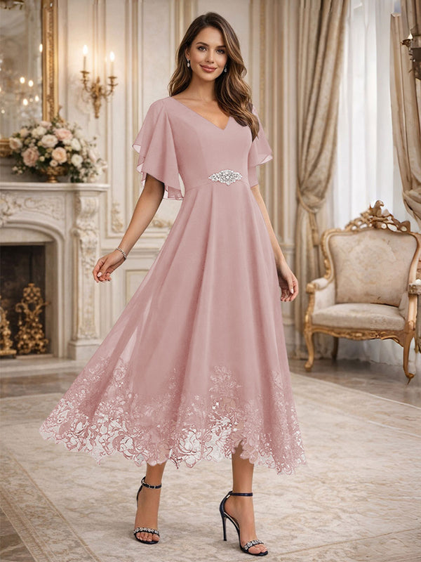 A-Line/Princess V-Neck Flying Sleeves Tea-Length Mother of the Bride Dresses with Lace Appliques