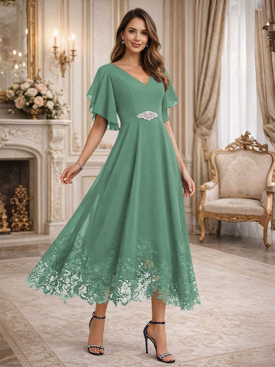 A-Line/Princess V-Neck Flying Sleeves Tea-Length Mother of the Bride Dresses with Lace Appliques