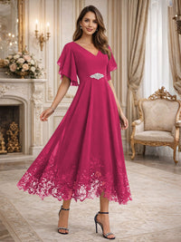 A-Line/Princess V-Neck Flying Sleeves Tea-Length Mother of the Bride Dresses with Lace Appliques