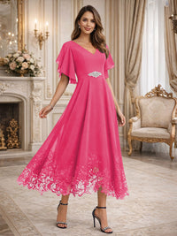 A-Line/Princess V-Neck Flying Sleeves Tea-Length Mother of the Bride Dresses with Lace Appliques