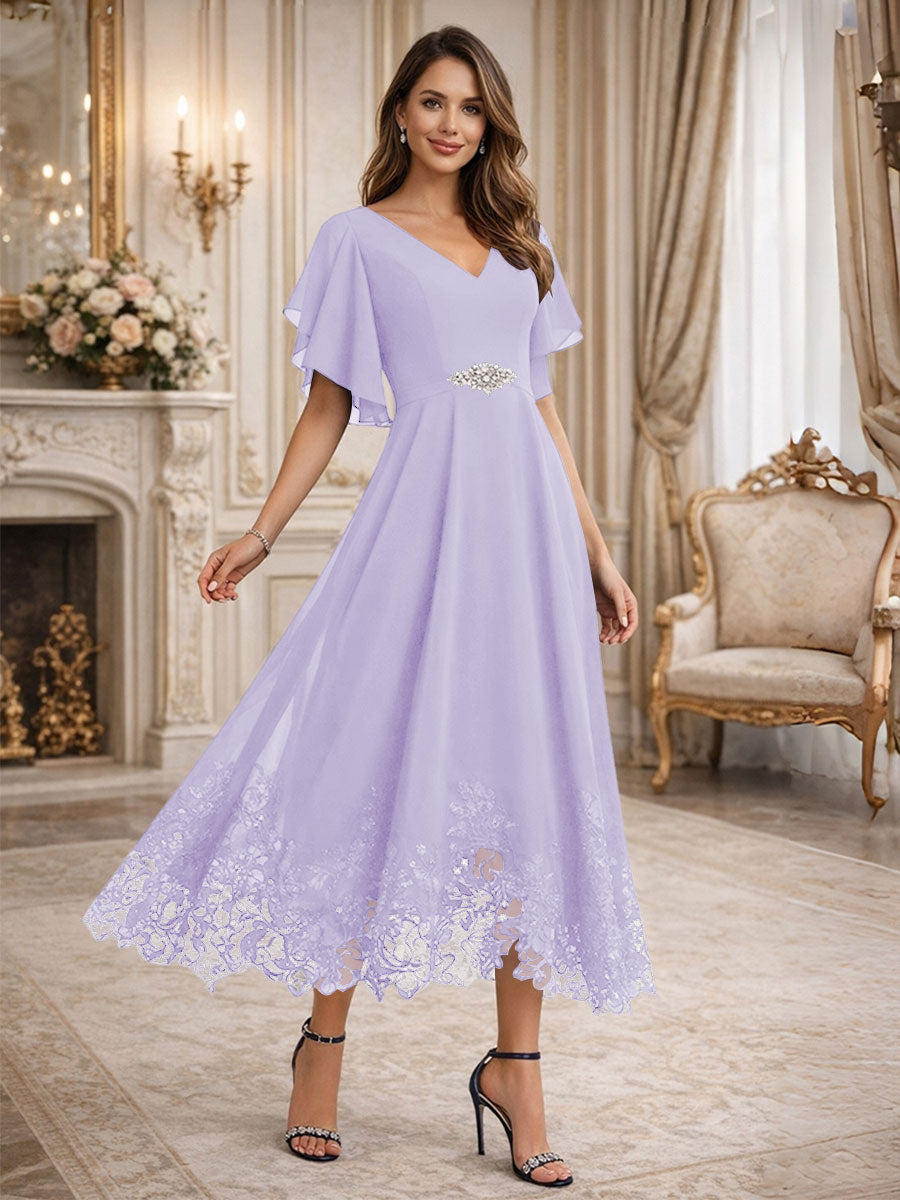 A-Line/Princess V-Neck Flying Sleeves Tea-Length Mother of the Bride Dresses with Lace Appliques