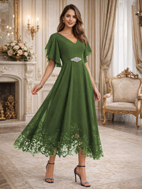A-Line/Princess V-Neck Flying Sleeves Tea-Length Mother of the Bride Dresses with Lace Appliques
