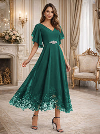 A-Line/Princess V-Neck Flying Sleeves Tea-Length Mother of the Bride Dresses with Lace Appliques