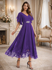 A-Line/Princess V-Neck Flying Sleeves Tea-Length Mother of the Bride Dresses with Lace Appliques