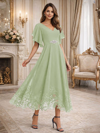 A-Line/Princess V-Neck Flying Sleeves Tea-Length Mother of the Bride Dresses with Lace Appliques