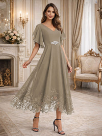 A-Line/Princess V-Neck Flying Sleeves Tea-Length Mother of the Bride Dresses with Lace Appliques