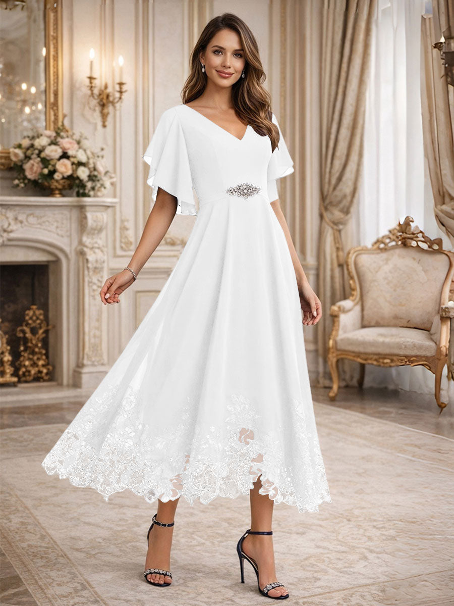 A-Line/Princess V-Neck Flying Sleeves Tea-Length Mother of the Bride Dresses with Lace Appliques