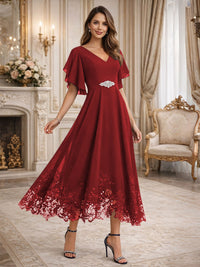 A-Line/Princess V-Neck Flying Sleeves Tea-Length Mother of the Bride Dresses with Lace Appliques