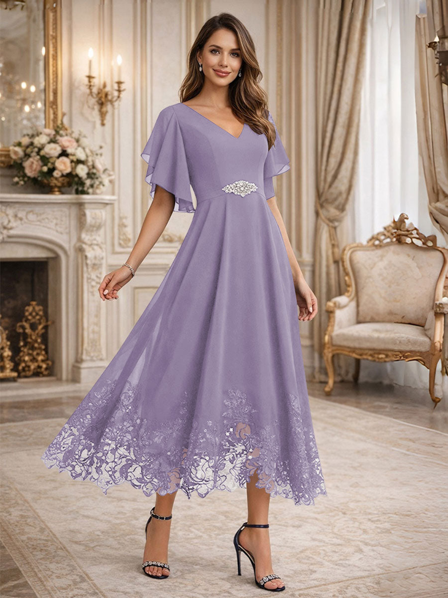 A-Line/Princess V-Neck Flying Sleeves Tea-Length Mother of the Bride Dresses with Lace Appliques