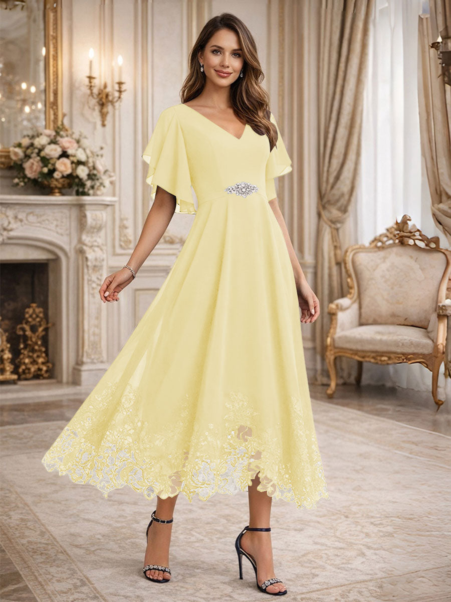 A-Line/Princess V-Neck Flying Sleeves Tea-Length Mother of the Bride Dresses with Lace Appliques