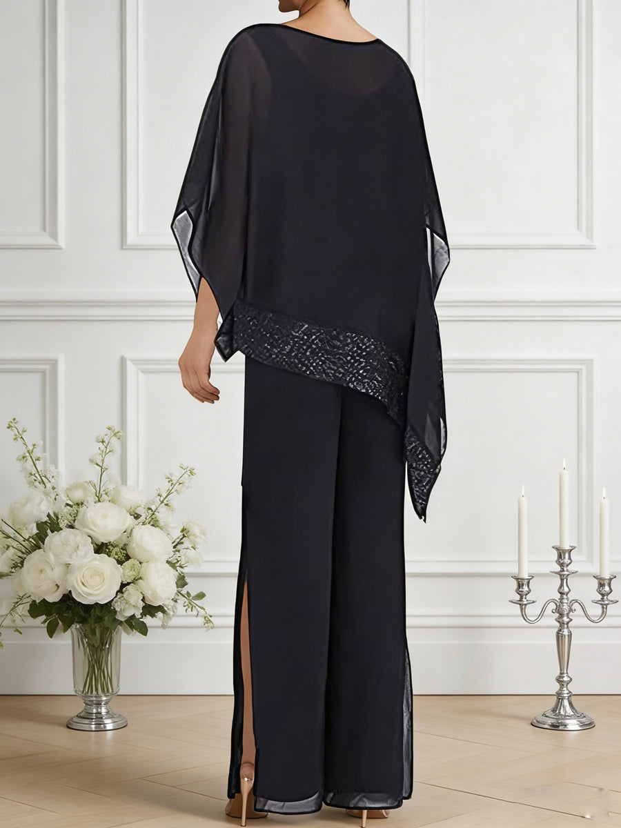 Pantsuits Separates Scoop Neck Sequins Asymmetrical Ankle-Length Mother of the Bride Dress with Slit