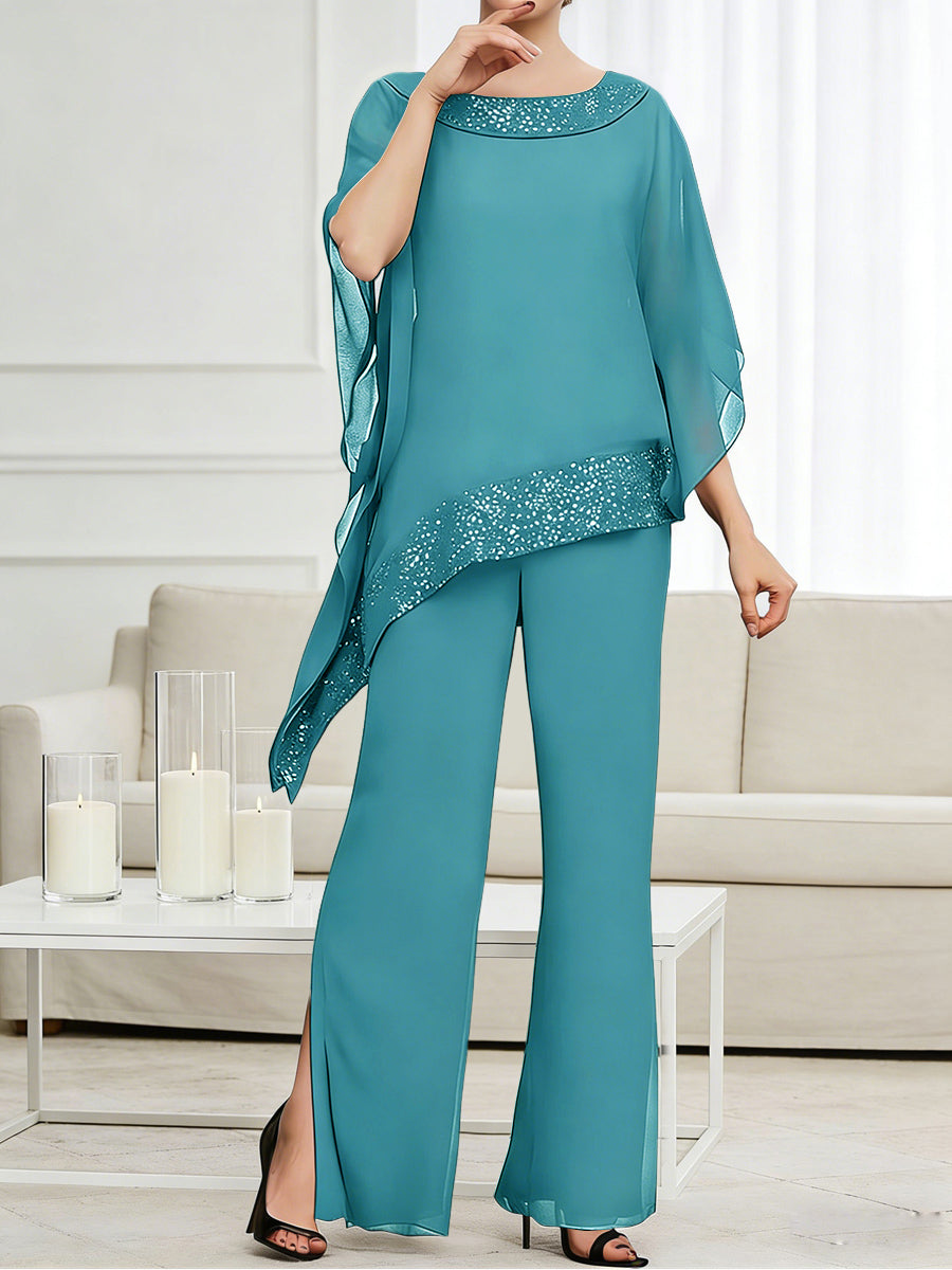Pantsuits Separates Scoop Neck Sequins Asymmetrical Ankle-Length Mother of the Bride Dress with Slit