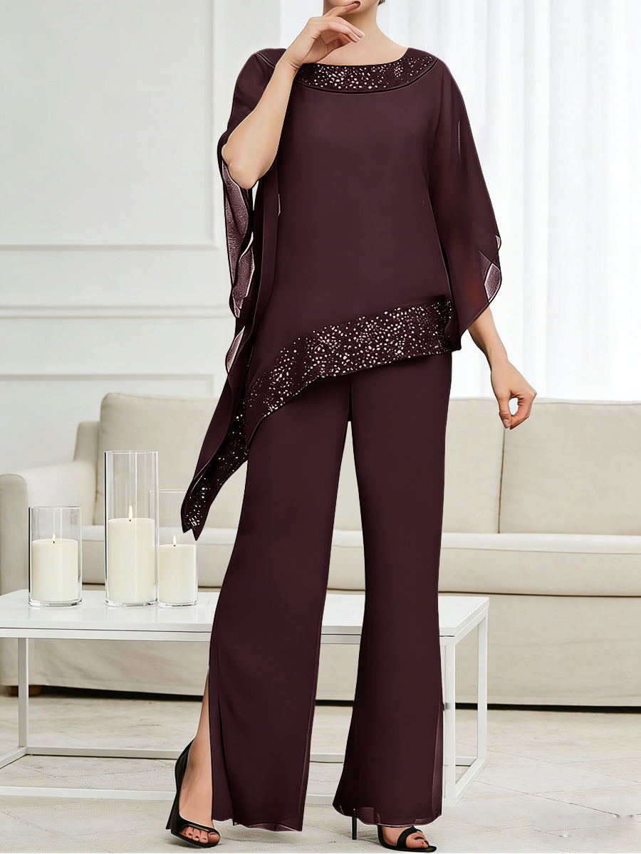 Pantsuits Separates Scoop Neck Sequins Asymmetrical Ankle-Length Mother of the Bride Dress with Slit