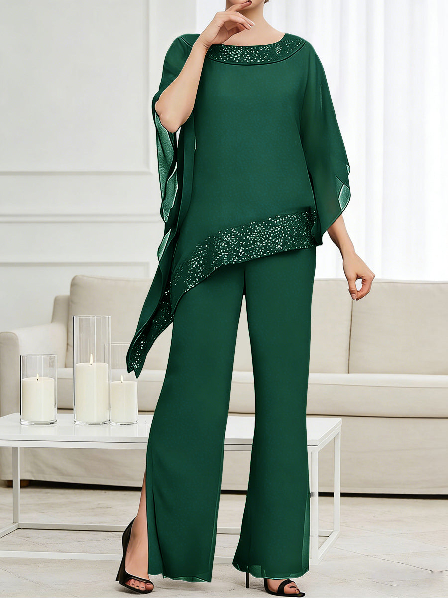 Pantsuits Separates Scoop Neck Sequins Asymmetrical Ankle-Length Mother of the Bride Dress with Slit
