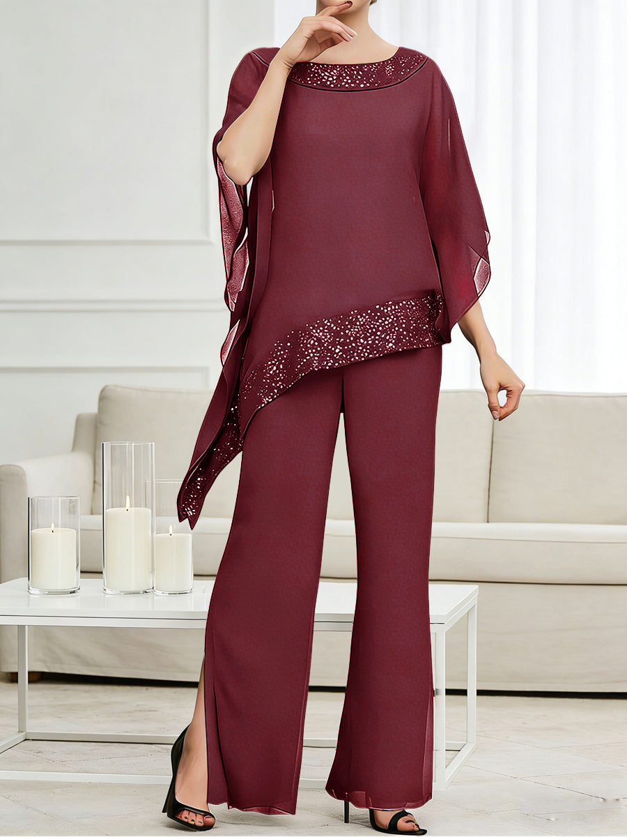 Pantsuits Separates Scoop Neck Sequins Asymmetrical Ankle-Length Mother of the Bride Dress with Slit