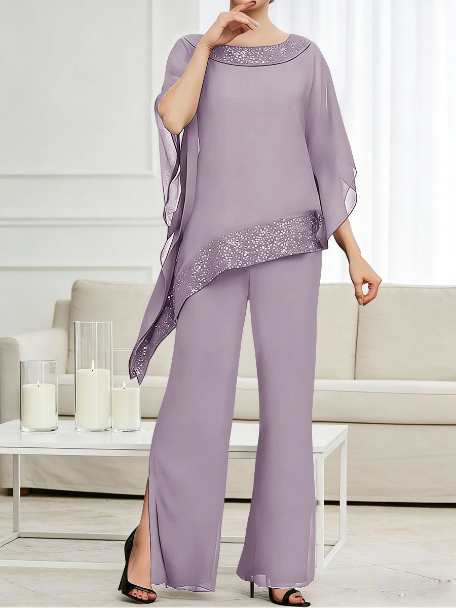 Pantsuits Separates Scoop Neck Sequins Asymmetrical Ankle-Length Mother of the Bride Dress with Slit