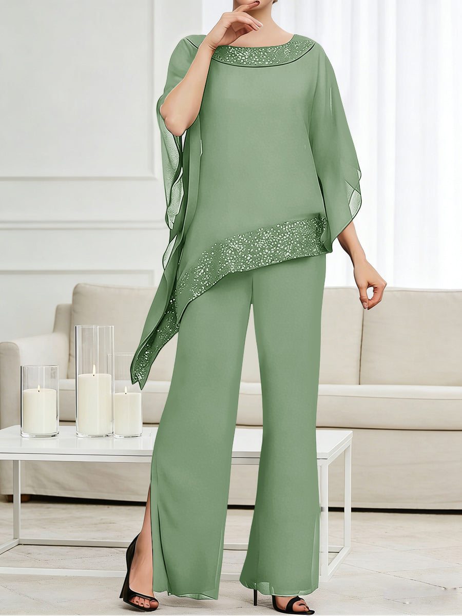 Pantsuits Separates Scoop Neck Sequins Asymmetrical Ankle-Length Mother of the Bride Dress with Slit