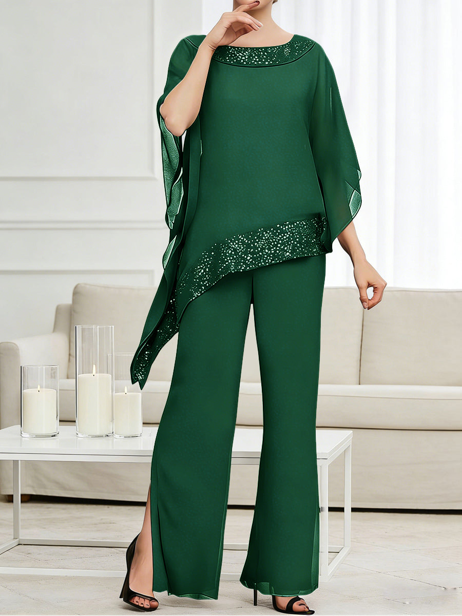 Pantsuits Separates Scoop Neck Sequins Asymmetrical Ankle-Length Mother of the Bride Dress with Slit
