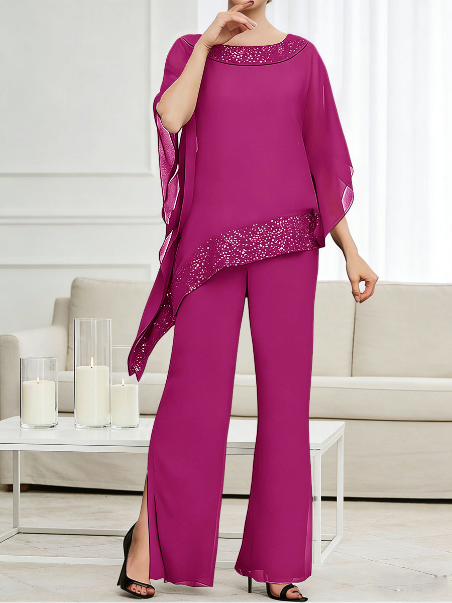Pantsuits Separates Scoop Neck Sequins Asymmetrical Ankle-Length Mother of the Bride Dress with Slit