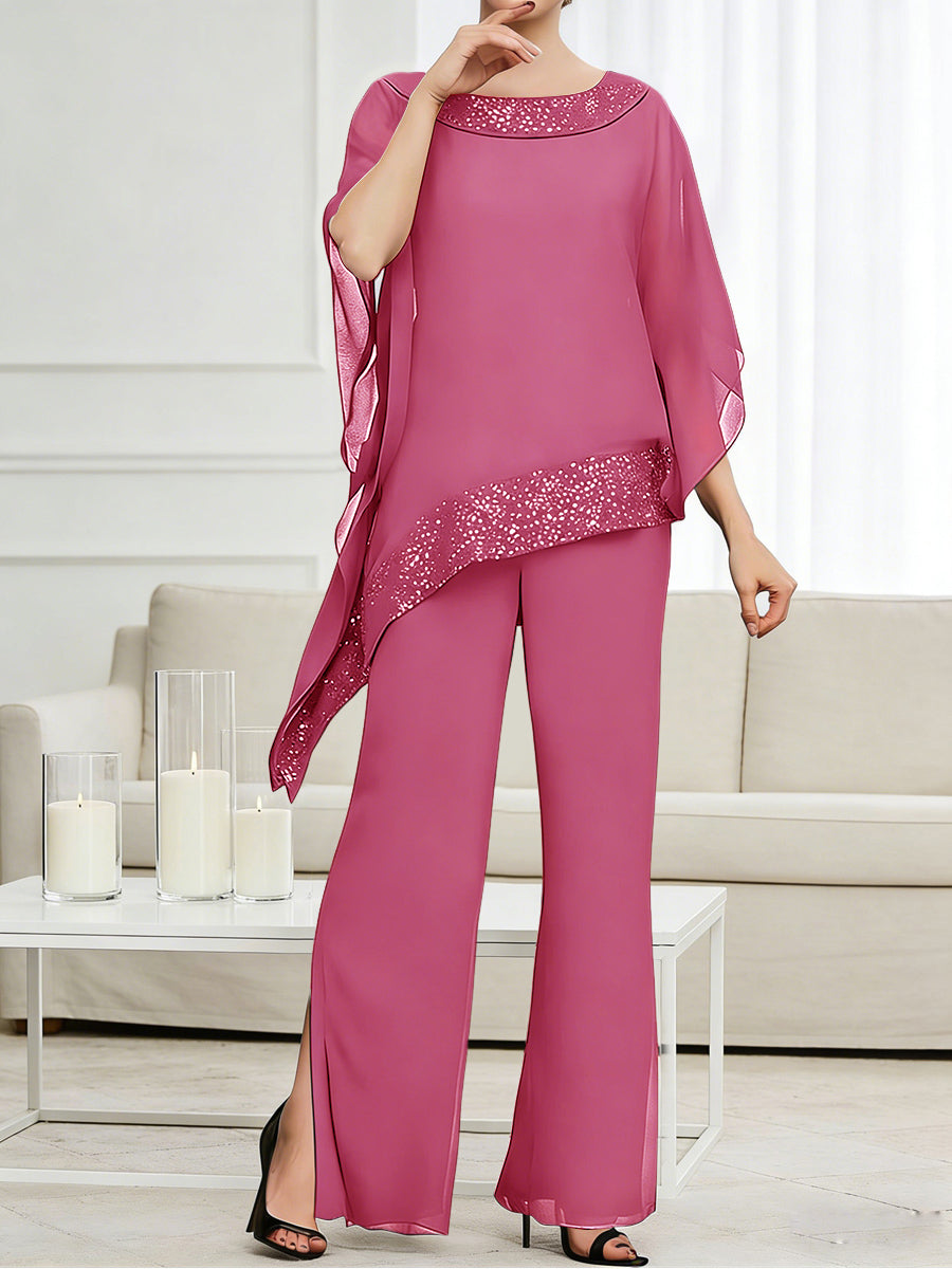 Pantsuits Separates Scoop Neck Sequins Asymmetrical Ankle-Length Mother of the Bride Dress with Slit