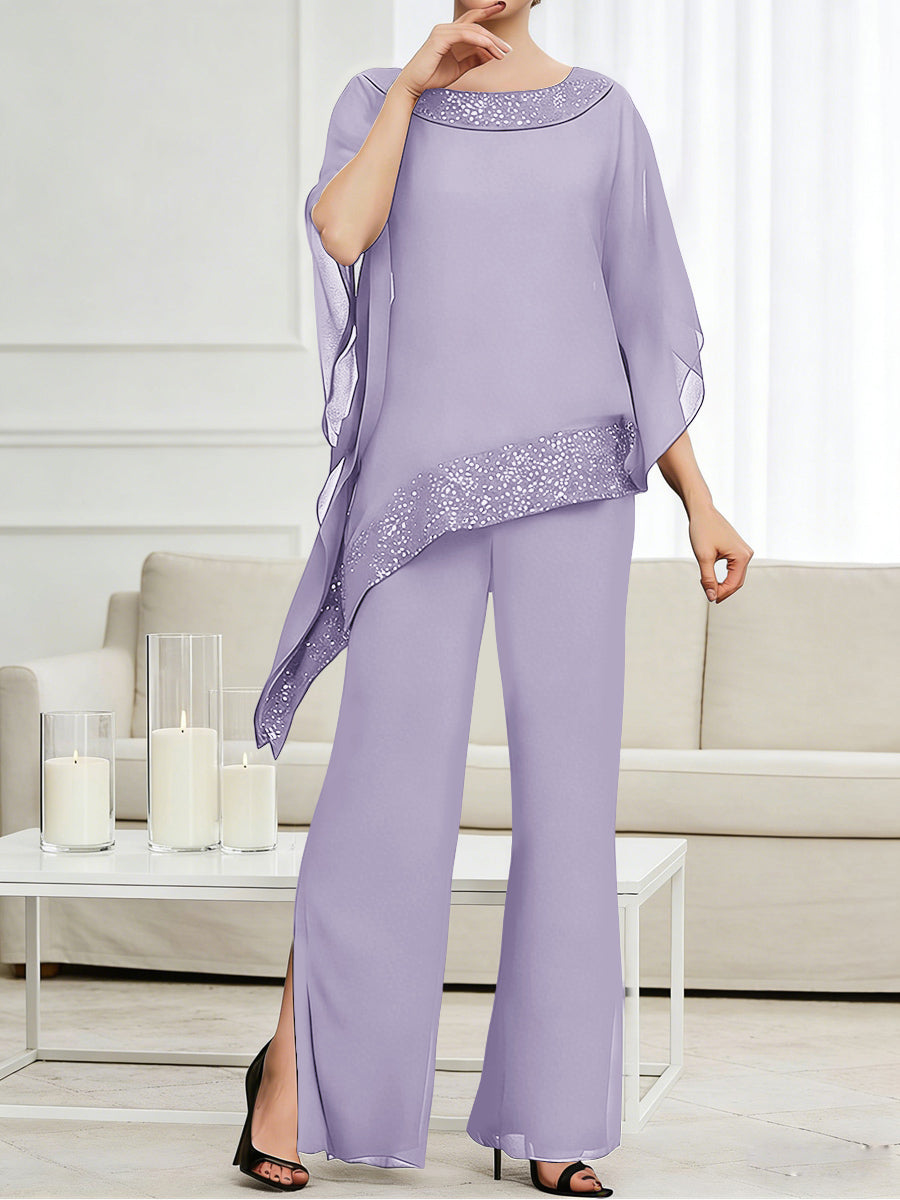 Pantsuits Separates Scoop Neck Sequins Asymmetrical Ankle-Length Mother of the Bride Dress with Slit