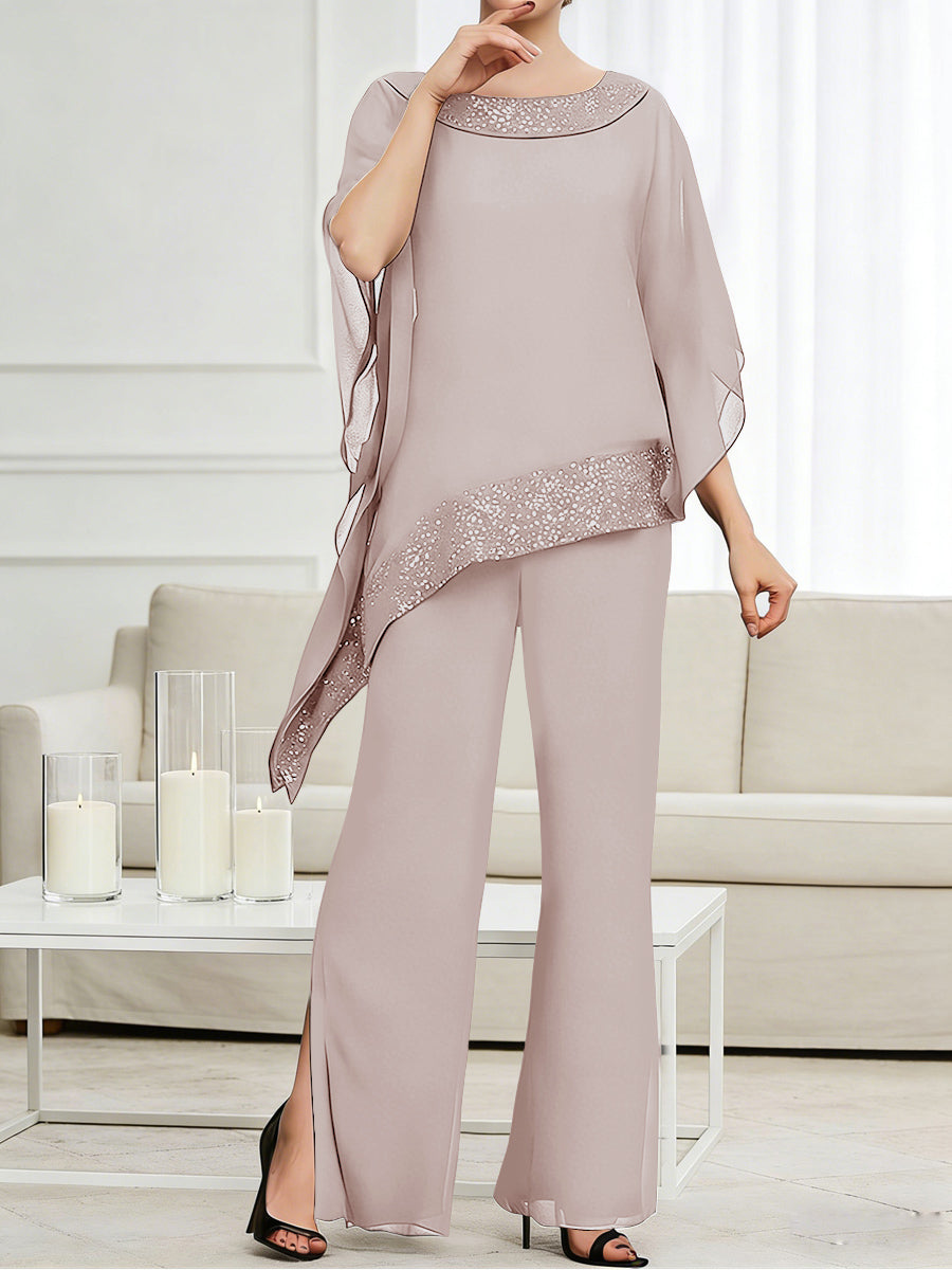 Pantsuits Separates Scoop Neck Sequins Asymmetrical Ankle-Length Mother of the Bride Dress with Slit