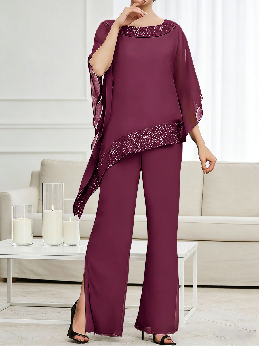 Pantsuits Separates Scoop Neck Sequins Asymmetrical Ankle-Length Mother of the Bride Dress with Slit